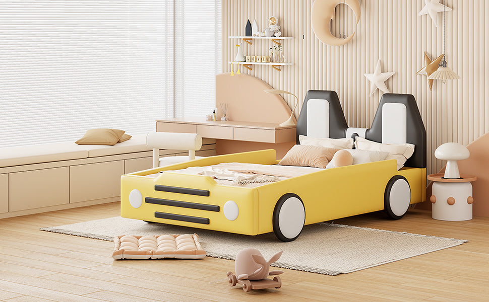 Twin Size Race Car-Shaped Platform Bed with Wheels,Yellow House to Home Furnishings LLC