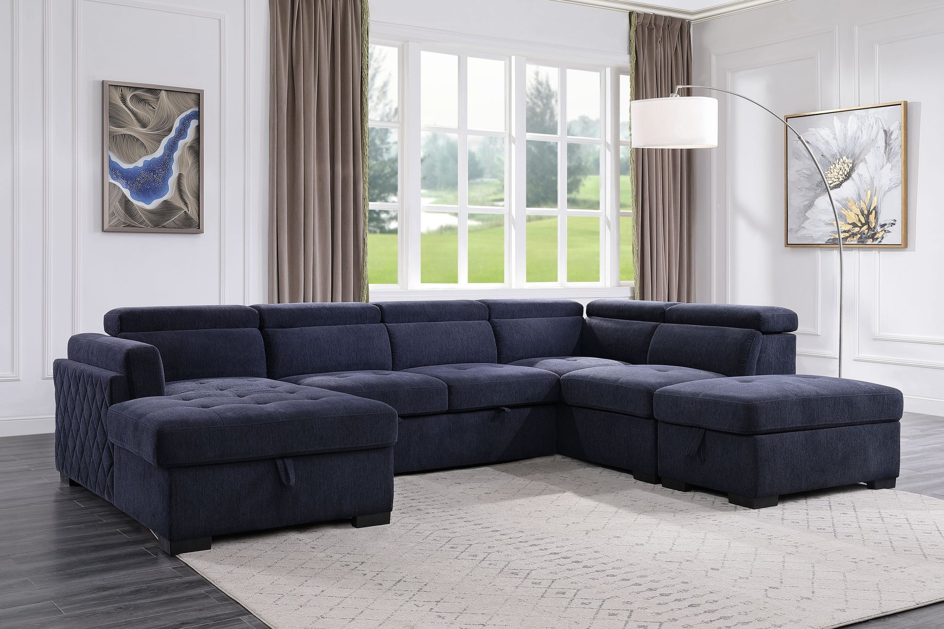 ACME Nekoda Storage Sleeper Sectional Sofa and Ottoman, Navy Blue Fabric 55520 ***(FREE SHIPPING)*** House to Home Furnishings LLC