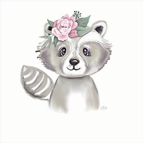 Cute Floral Raccoon By Makewells - White Classy Art