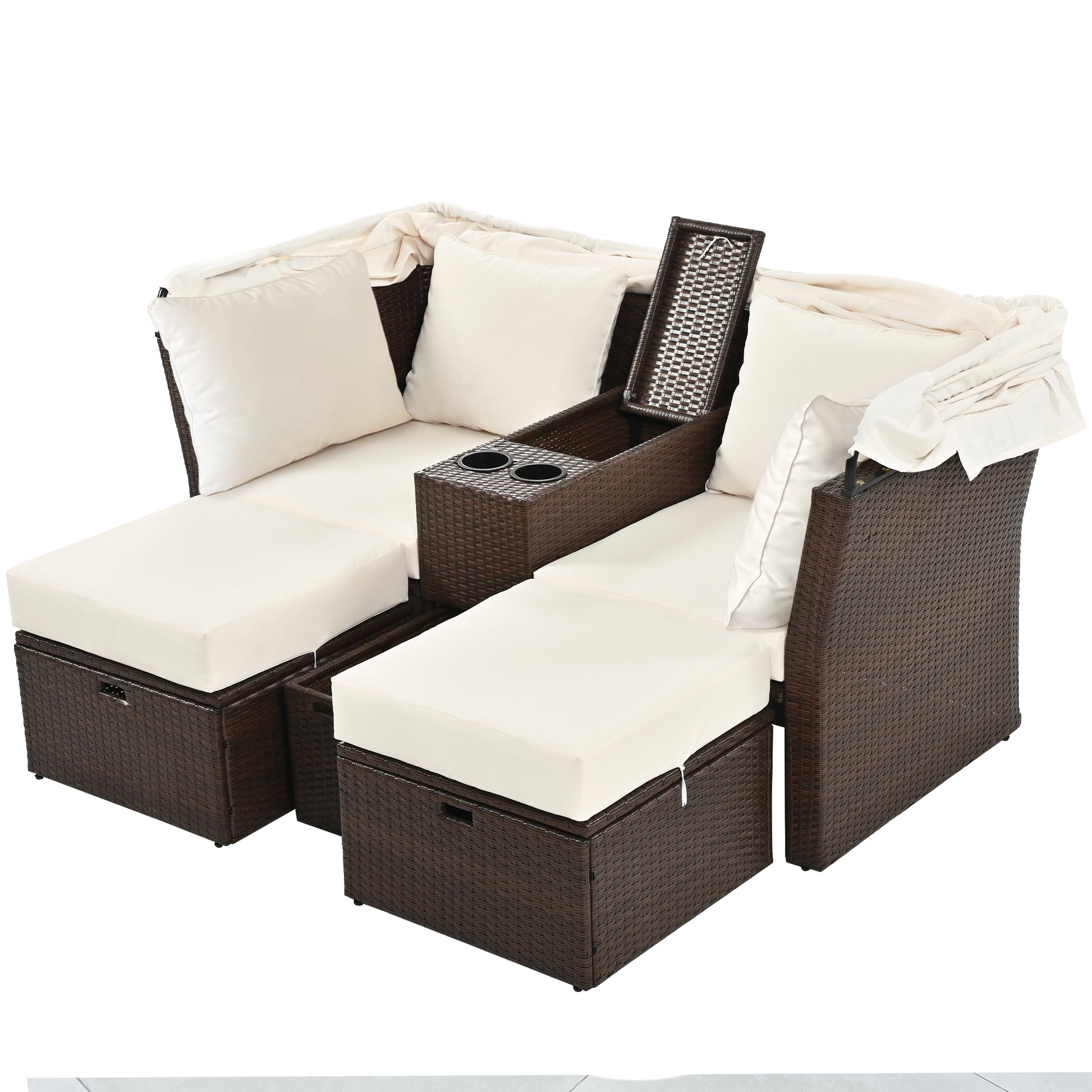 2-Seater Outdoor Patio Daybed Outdoor Double Daybed Outdoor Loveseat Sofa Set with Foldable Awning and Cushions for Garden, Balcony, Poolside, Beige ***(FREE SHIPPING)*** House to Home Furnishings LLC