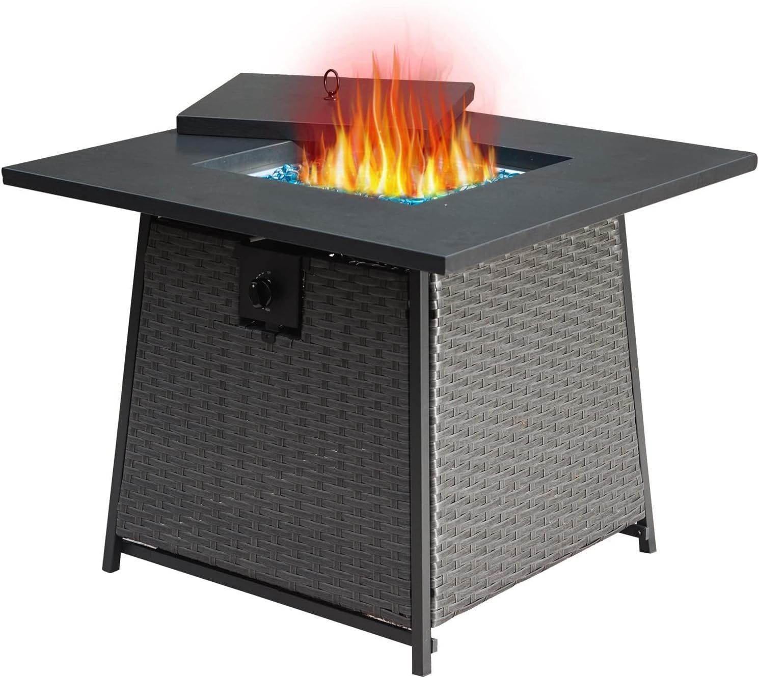 32 Inch Propane Fire Pits Table with Blue Glass Ball,50,000 BTU Outdoor Wicker Fire Table with ETL-Certified,2-in-1 Square Steel Gas Firepits (Dark Gray) House to Home Furnishings LLC