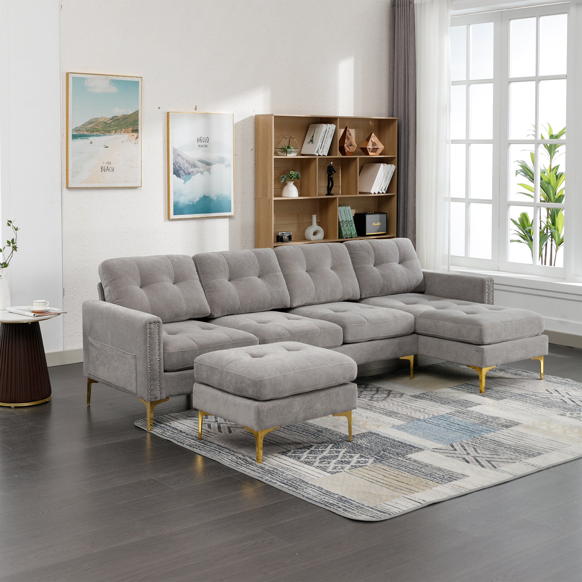 110" L-Shape Convertible Sectional Sofa Couch with Movable Ottoman for Living Room, Apartment, Office, Light Grey House to Home Furnishings LLC