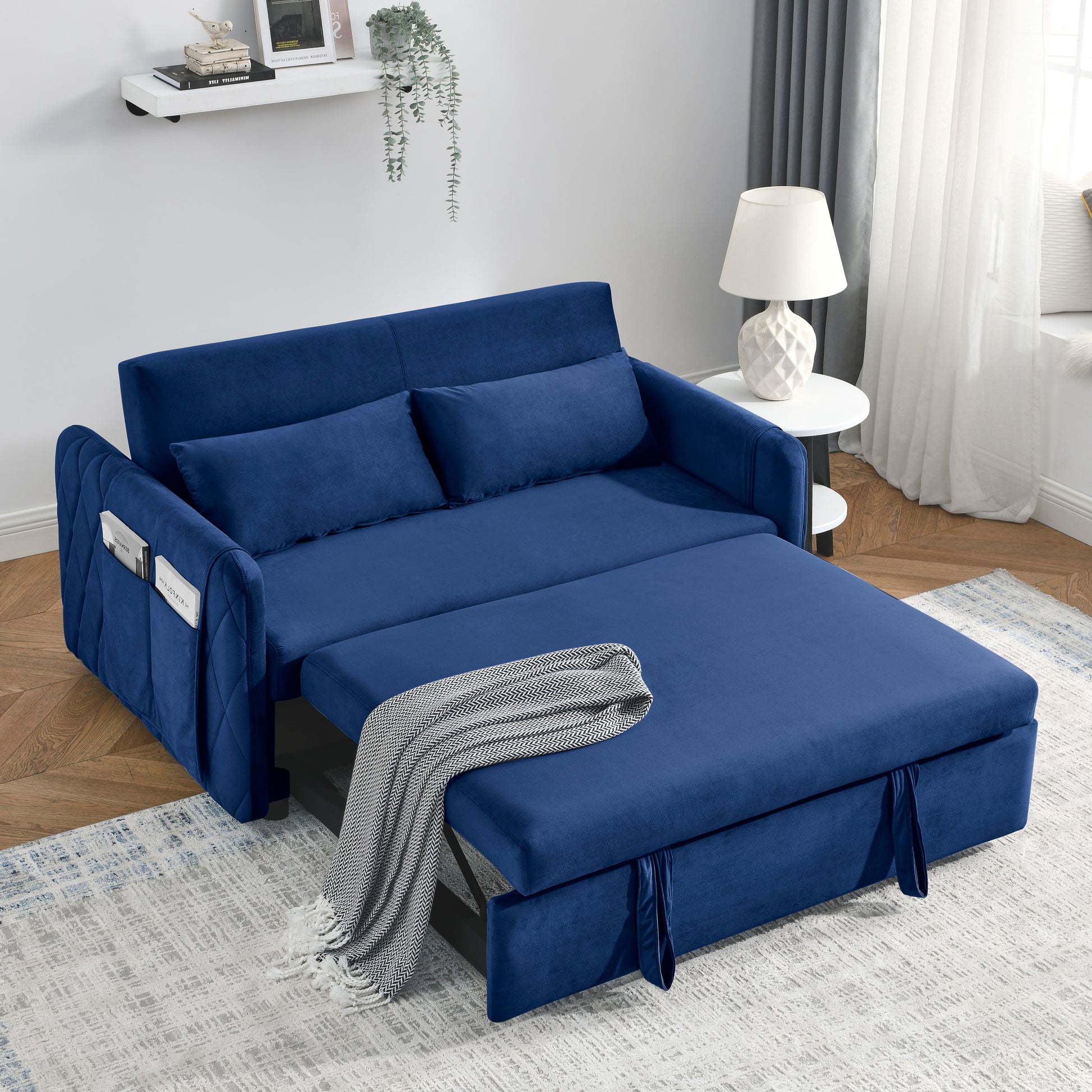 55" Modern Convertible Sofa Bed with 2 Detachable Arm Pockets, Velvet Loveseat Sofa with Pull Out Bed, 2 Pillows and Living Room Adjustable Backrest, Grid Design Armrests ***(FREE SHIPPING)*** House to Home Furnishings LLC