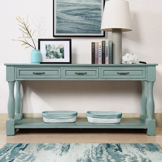 63inch Long Wood Console Table with 3 Drawers and 1 Bottom Shelf for Entryway Hallway Easy Assembly Extra-thick Sofa Table ( Retro Blue) House to Home Furnishings LLC