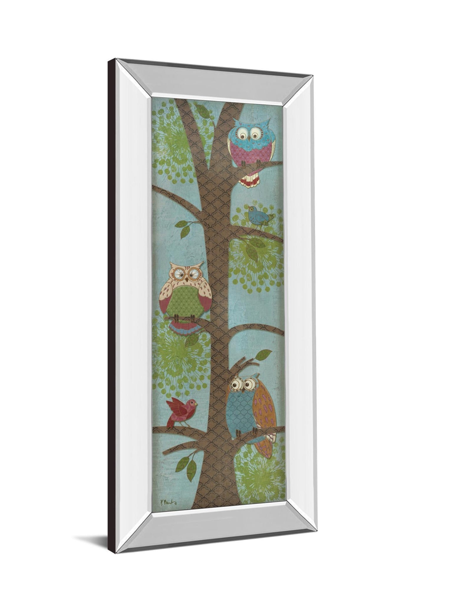 Fantasy Owls Panel Il By Paul Brent - Mirror Framed Print Wall Art - Blue Classy Art