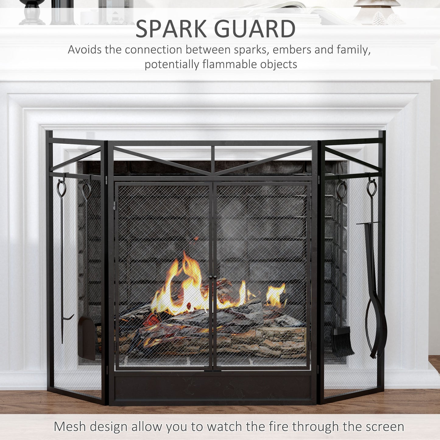 3-Panel Folding Fireplace Screen with 2 Magnetic Doors and Fire Place Tools Set, Fire Spark Guard for Wood Burning, with Brush, Shovel, Poker, Firewood Tongs, 48" x 0.75", Black House to Home Furnishings LLC