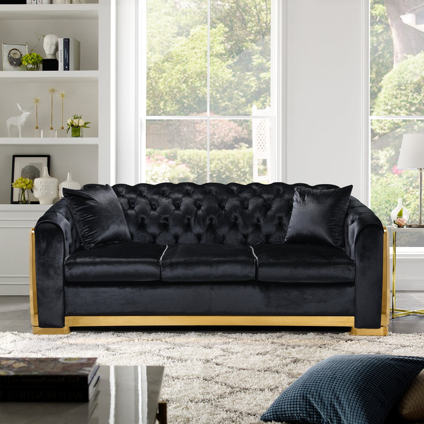 Velvet Luxury Chesterfield Sofa Set, 84 Inches Tufted 3 Seat Couch with Gold Stainless for Living Room, Black Fabric House to Home Furnishings LLC