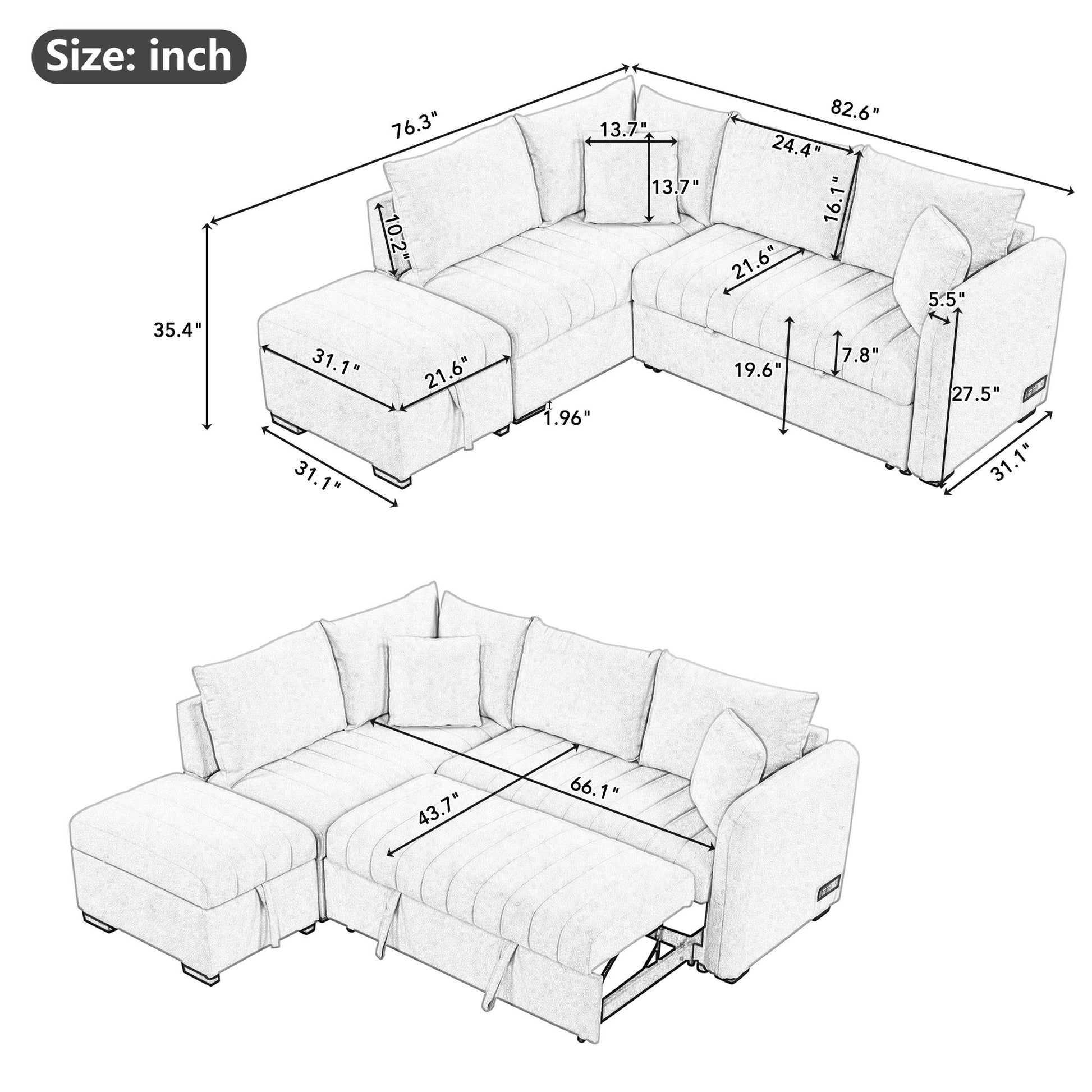 82.6" L-shaped Sectional Pull Out Sofa Bed Sleeper Sofa with Two USB Ports, Two Power Sockets and a Movable Storage Ottoman, Gray ***(FREE SHIPPING)*** House to Home Furnishings LLC