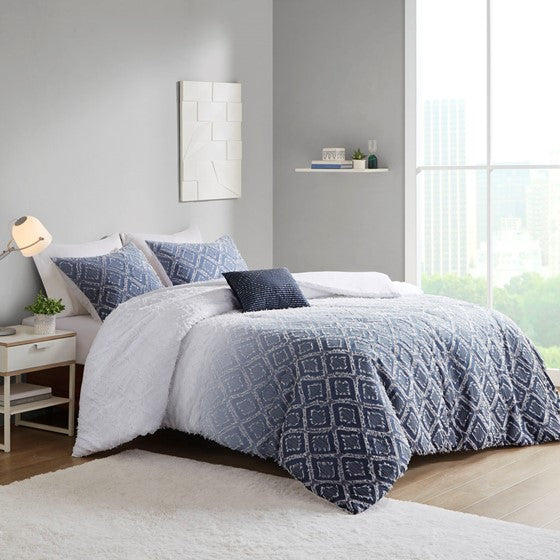 Ombre Printed Clipped Jacquard Duvet Cover Set Navy Twin XL Olliix.com