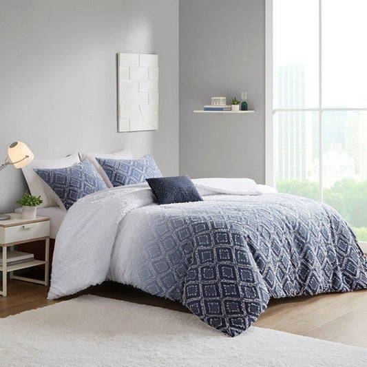 Ombre Printed Clipped Jacquard Duvet Cover Set Navy Full/Queen Olliix.com