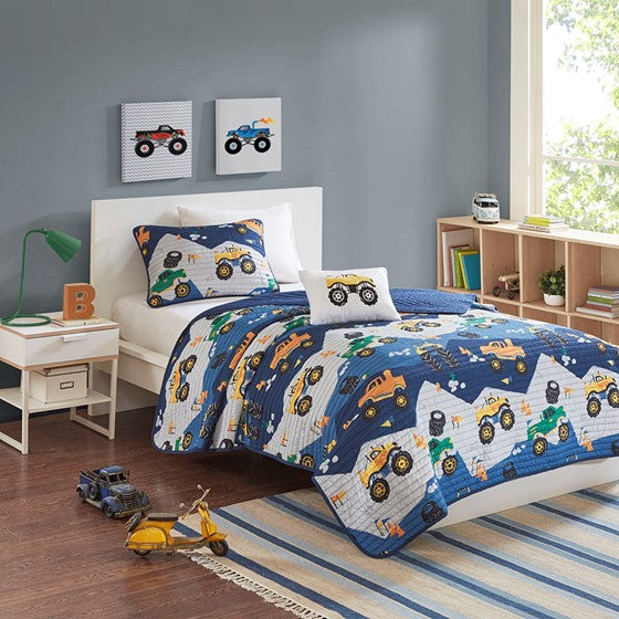 Monster Truck Reversible Quilt Set with Throw Pillow Blue Twin Olliix.com