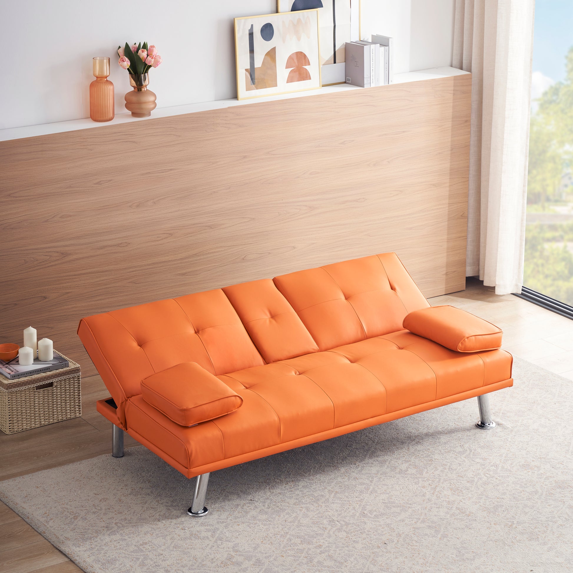 67" Orange Leather Multifunctional Double Folding Sofa Bed for Office with Coffee Table House to Home Furnishings LLC