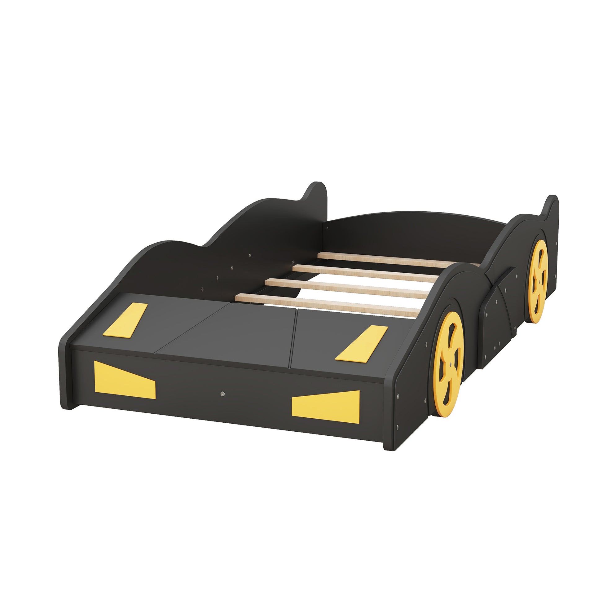 Twin Size Race Car-Shaped Platform Bed with Wheels and Storage, Black+Yellow House to Home Furnishings LLC