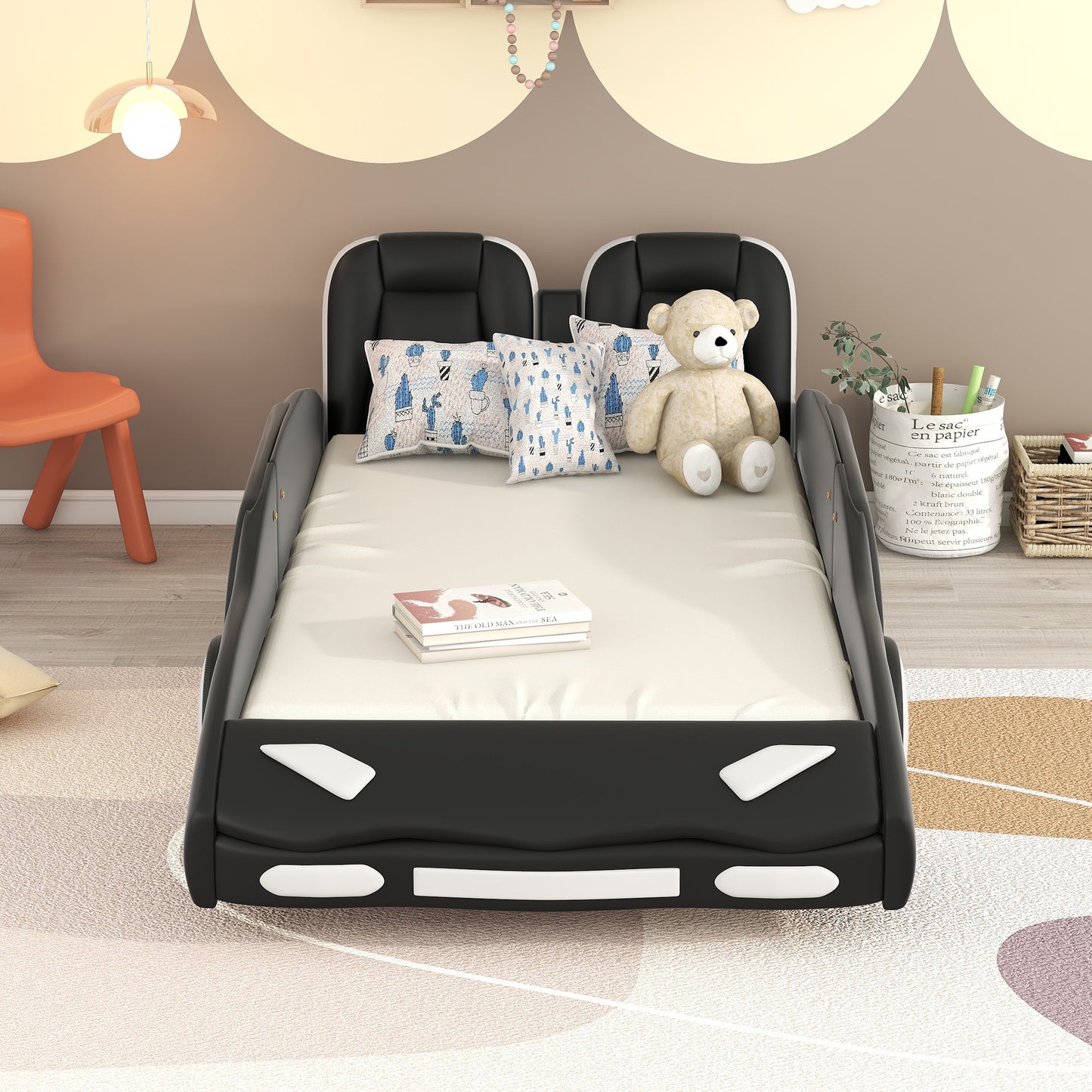 Twin Size Race Car-Shaped Platform Bed with Wheels, Black House to Home Furnishings LLC