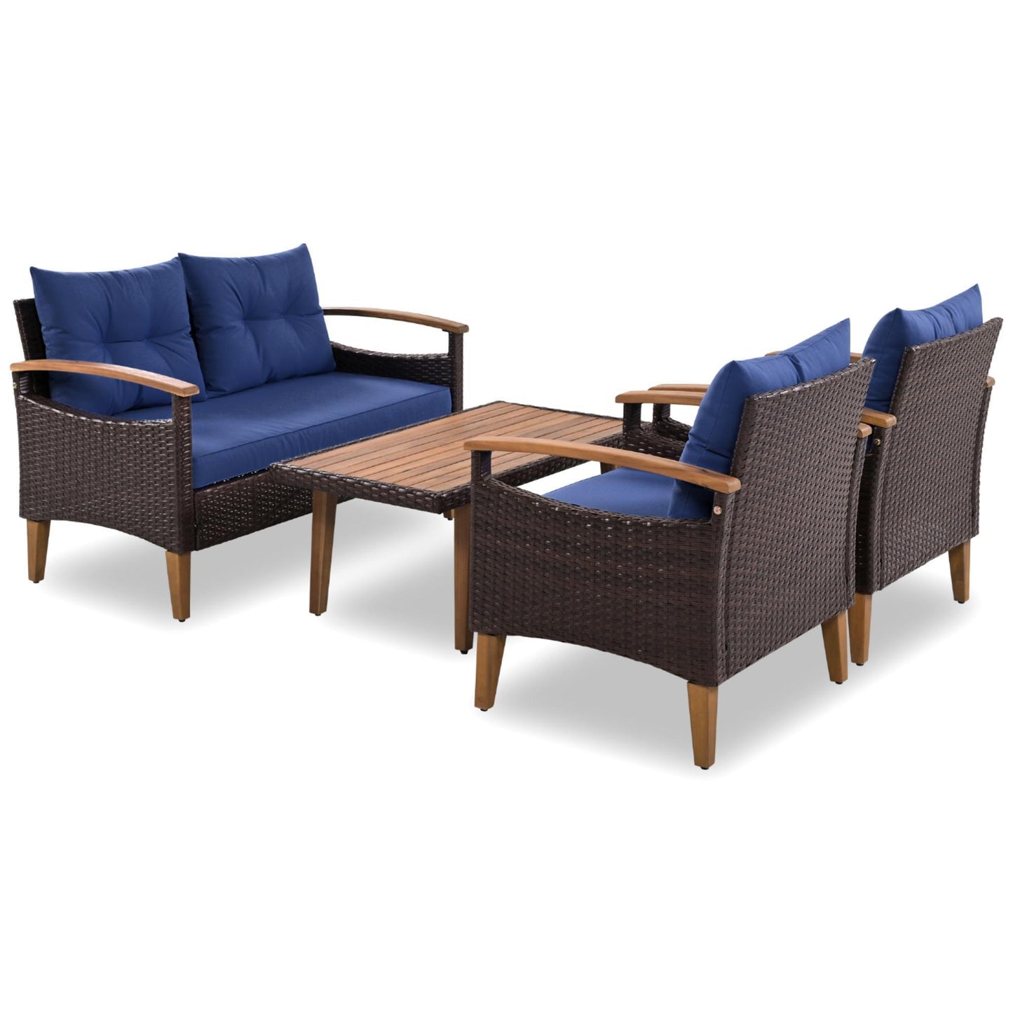 GO 4-Piece Garden Furniture,  Patio Seating Set, PE Rattan Outdoor Sofa Set, Wood Table and Legs, Brown and Blue House to Home Furnishings LLC