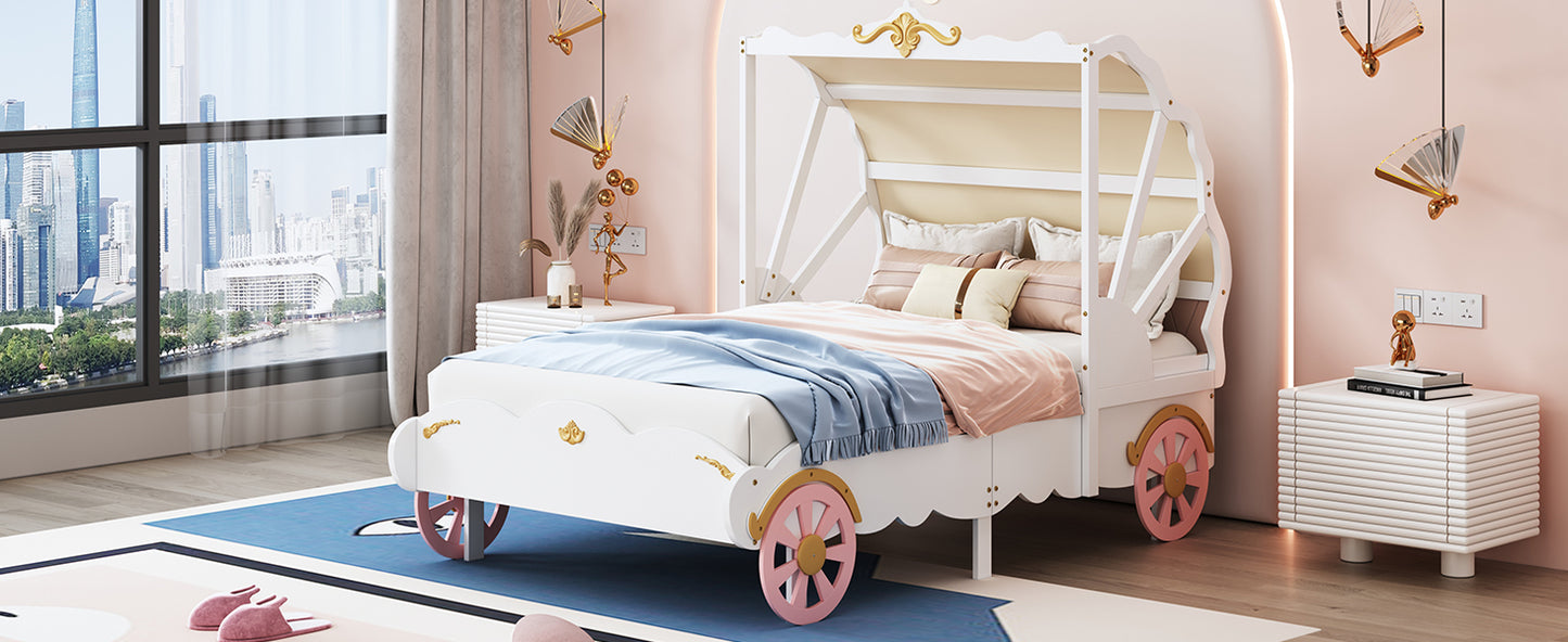 Twin Size Princess Carriage Bed with Canopy, Wood Platform Car Bed with 3D Carving Pattern, White+Pink+Gold House to Home Furnishings LLC