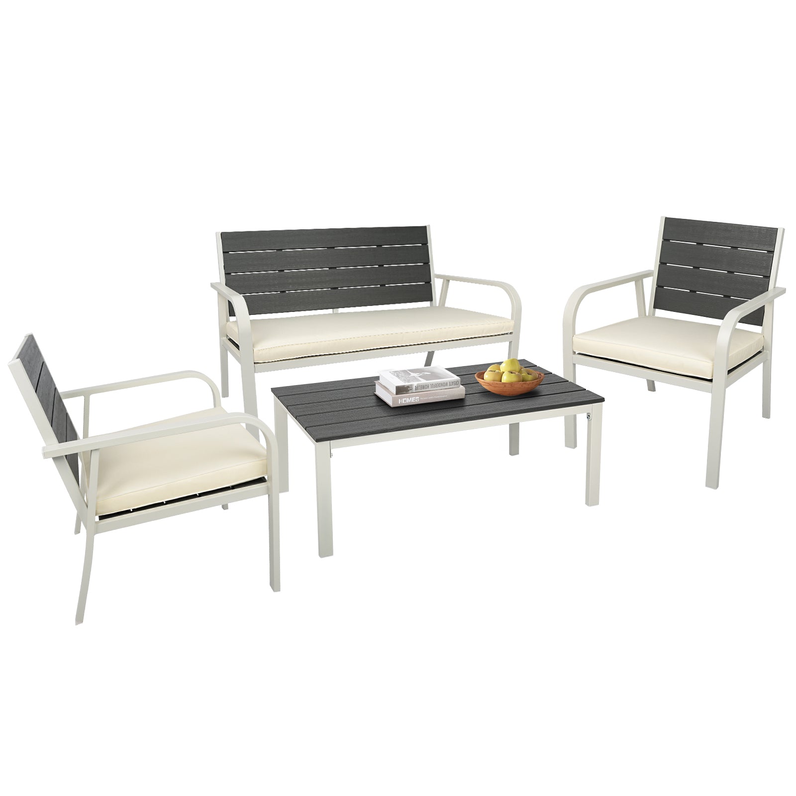 4 Pieces Patio Garden Sofa Conversation Set Wood Grain Design PE Steel Frame Loveseat All Weather Outdoor Furniture Set with Cushions Coffee Table for Backyard Balcony Lawn White House to Home Furnishings LLC