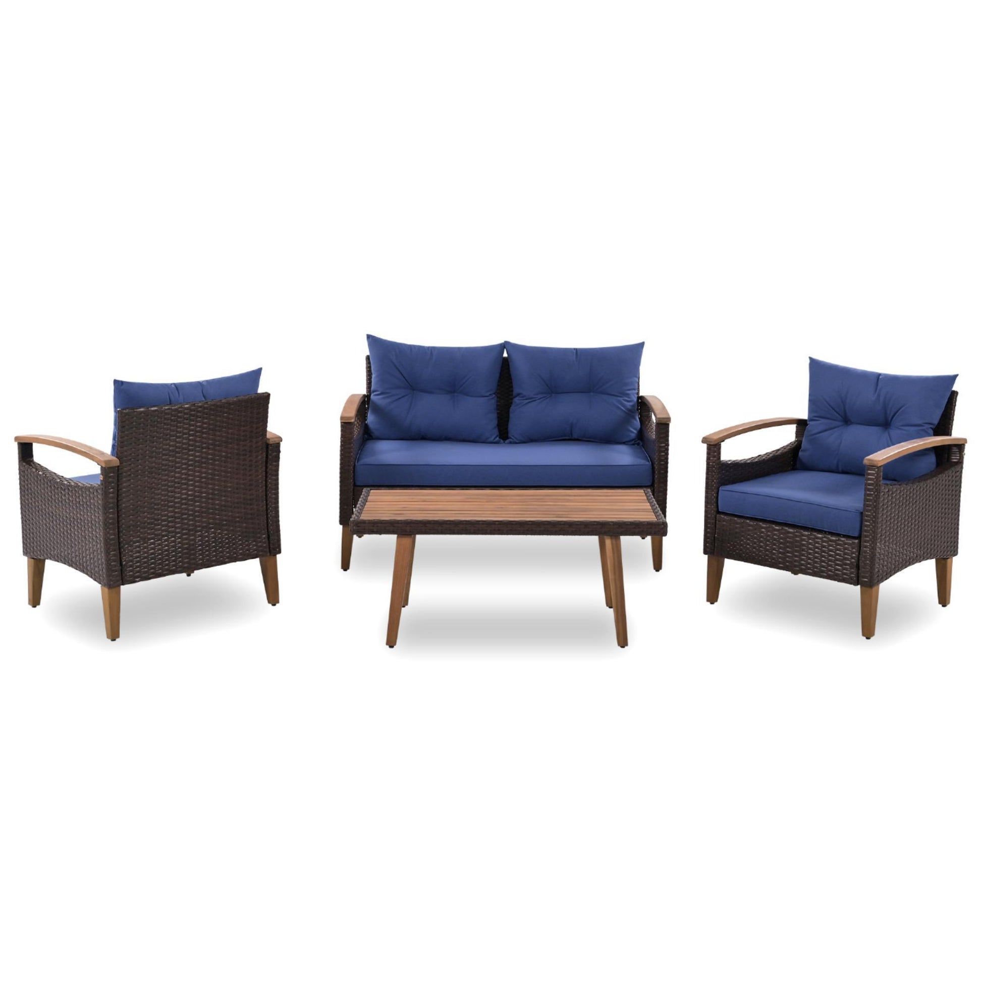 GO 4-Piece Garden Furniture,  Patio Seating Set, PE Rattan Outdoor Sofa Set, Wood Table and Legs, Brown and Blue House to Home Furnishings LLC