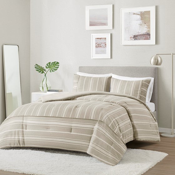 3 Piece Striped Herringbone Oversized Comforter Set Taupe Cal King Olliix.com