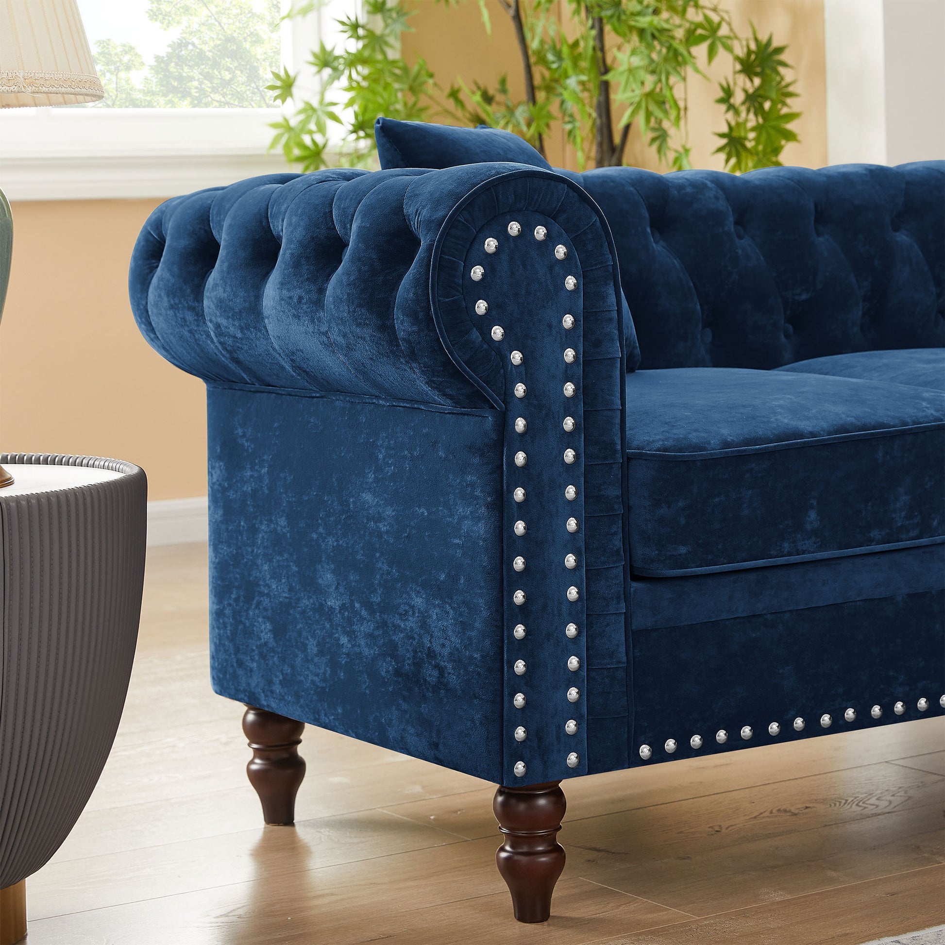 80" Inch Deep Button Tufted Upholstered Roll Arm Luxury Classic Chesterfield L-shaped Sofa 3 Pillows Included, Solid Wood Gourd Legs, Blue Velvet House to Home Furnishings LLC