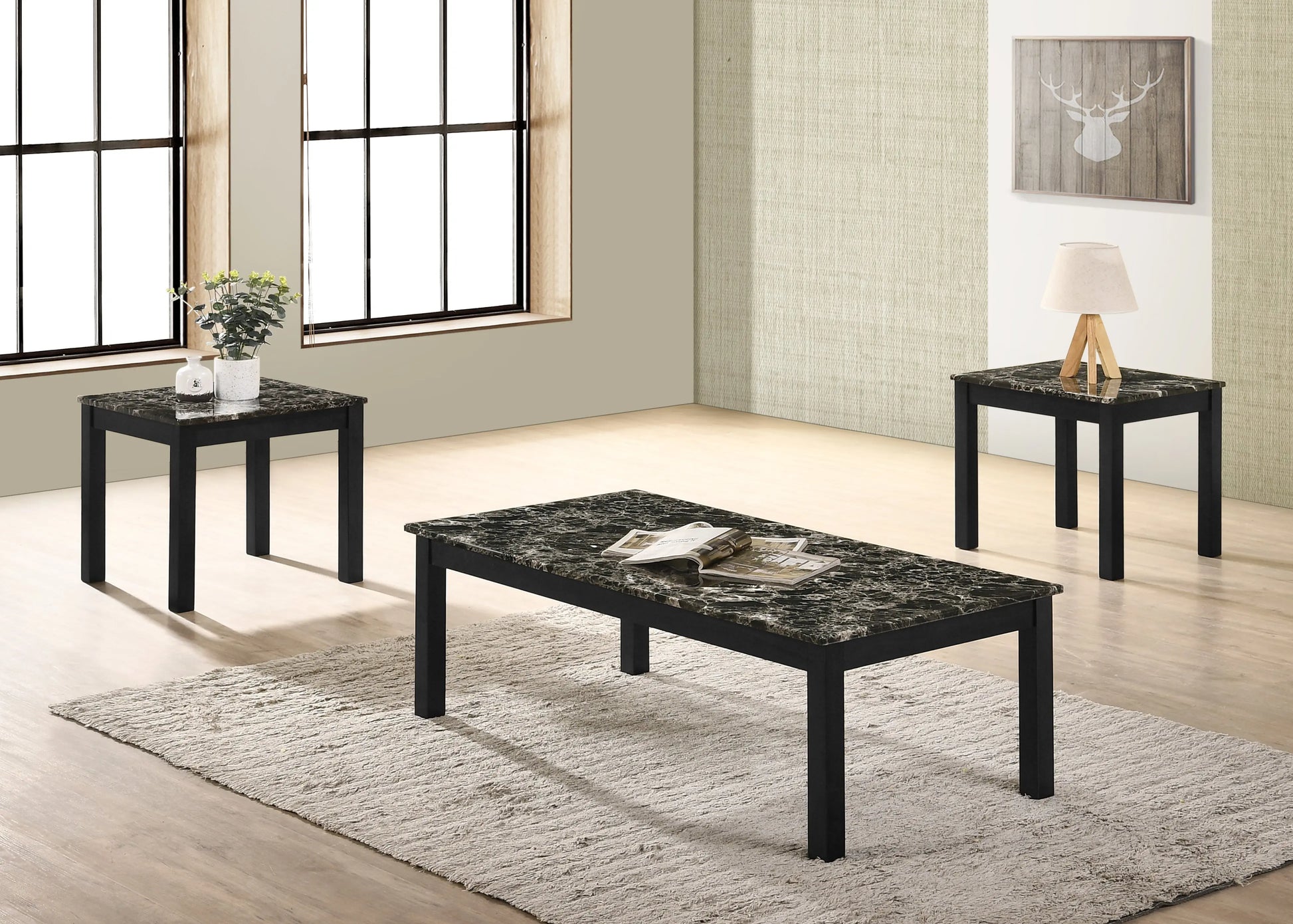 Thurner Marble Black 3-Piece Coffee Table Set Crown Mark