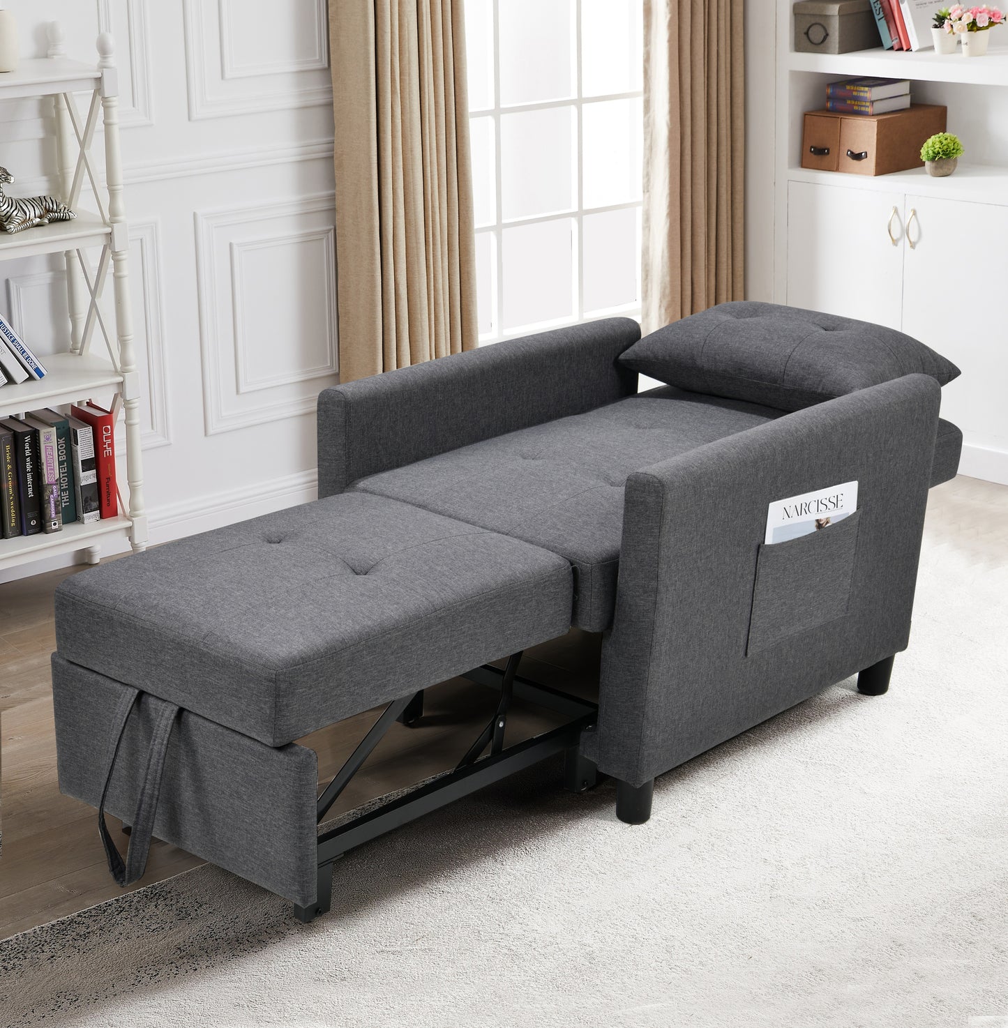 Single Sofa Bed with Pullout Sleeper, Convertible Folding Futon Chair, Lounge Chair Set with 1pc Lumbar pillow, Drak Gray color fabric House to Home Furnishings LLC