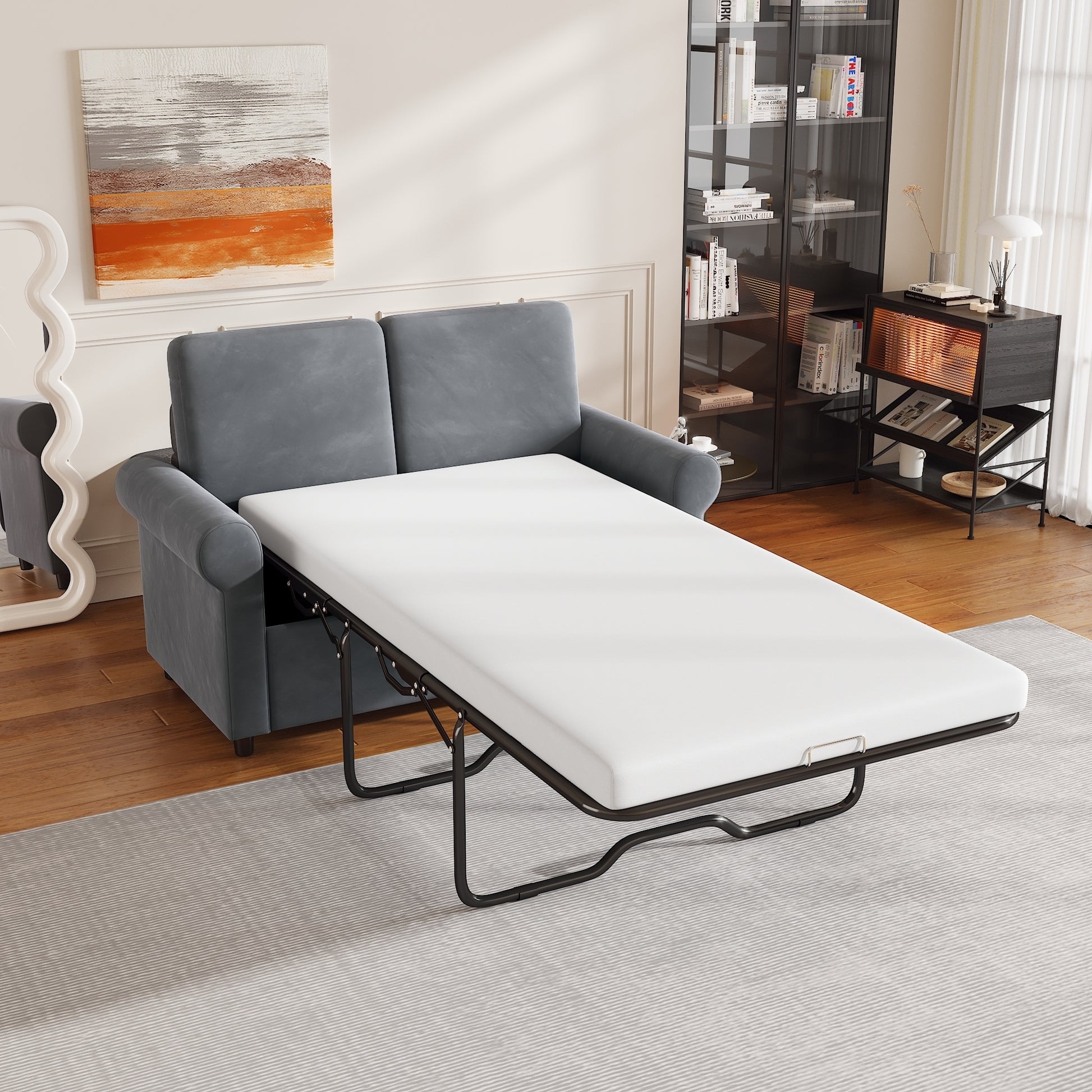 57.4" Pull Out Sofa Bed,Sleeper Sofa Bed with Premium Twin Size Mattress Pad,2-in-1 Pull Out Couch Bed with Two USB Ports for Living Room,Small Apartment, Gray (Old SKU:WF296899) House to Home Furnishings LLC