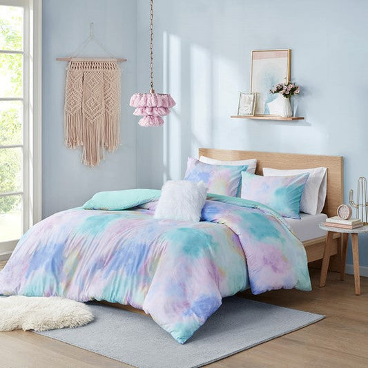 Watercolor Tie Dye Printed Duvet Cover Set with Throw Pillow Aqua Twin XL Olliix.com