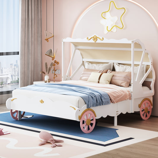 Full Size Princess Carriage Bed with Canopy, Wood Platform Car Bed with 3D Carving Pattern, White+Pink+Gold House to Home Furnishings LLC