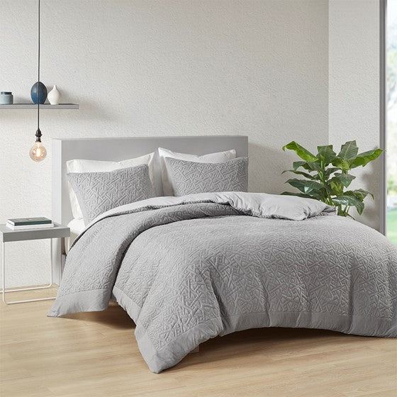 3 Piece Oversized Knit Quilted Top Duvet Cover Mini Set Grey Full/Queen Olliix.com