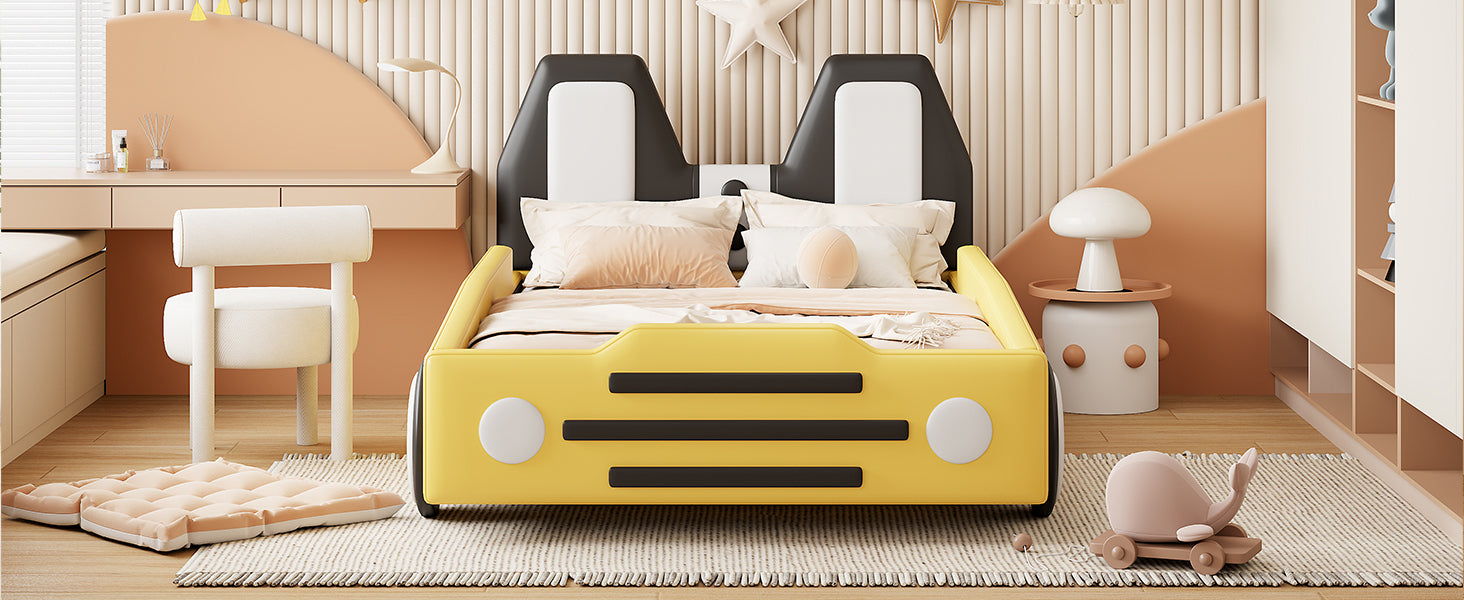 Twin Size Race Car-Shaped Platform Bed with Wheels,Yellow House to Home Furnishings LLC