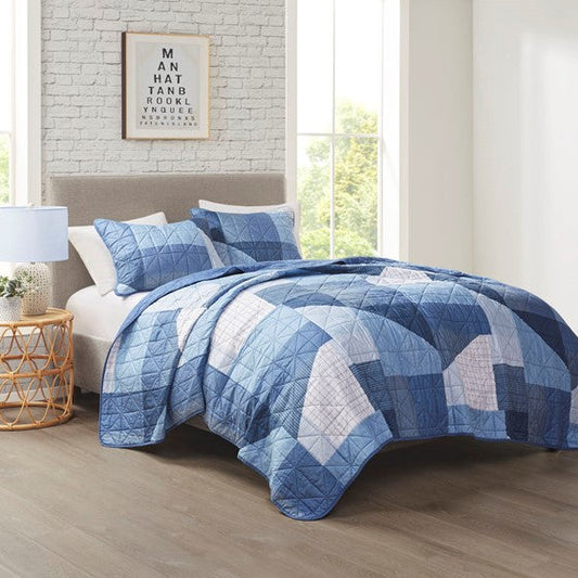 Patchwork Printed Reversible Quilt Set Blue Full/Queen Olliix.com