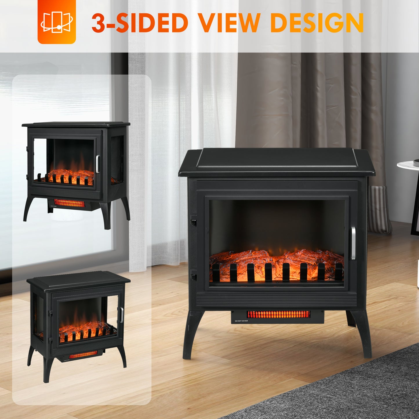 24" Electric Fireplace Stove, Freestanding Infrared Fire Place Heater with Realistic Logs Flame, Adjustable Temperature, Overheat Protection, 1000W/1500W, Black House to Home Furnishings LLC