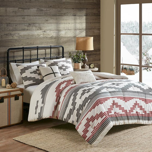 5 Piece Herringbone Oversized Comforter Set Grey/Red Full/Queen Olliix.com