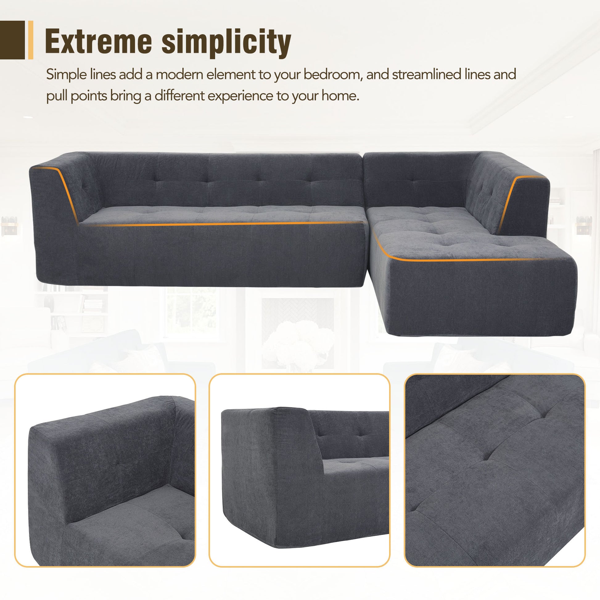 110.2”x72.8" Modular Modular Combination Living Room Sofa Set, Modern Minimalist Sofa, Living Room Upholstered Sofa Bed, Bedroom, 3pcs Computer Free Combination, L-Shaped,Dark Grey House to Home Furnishings LLC