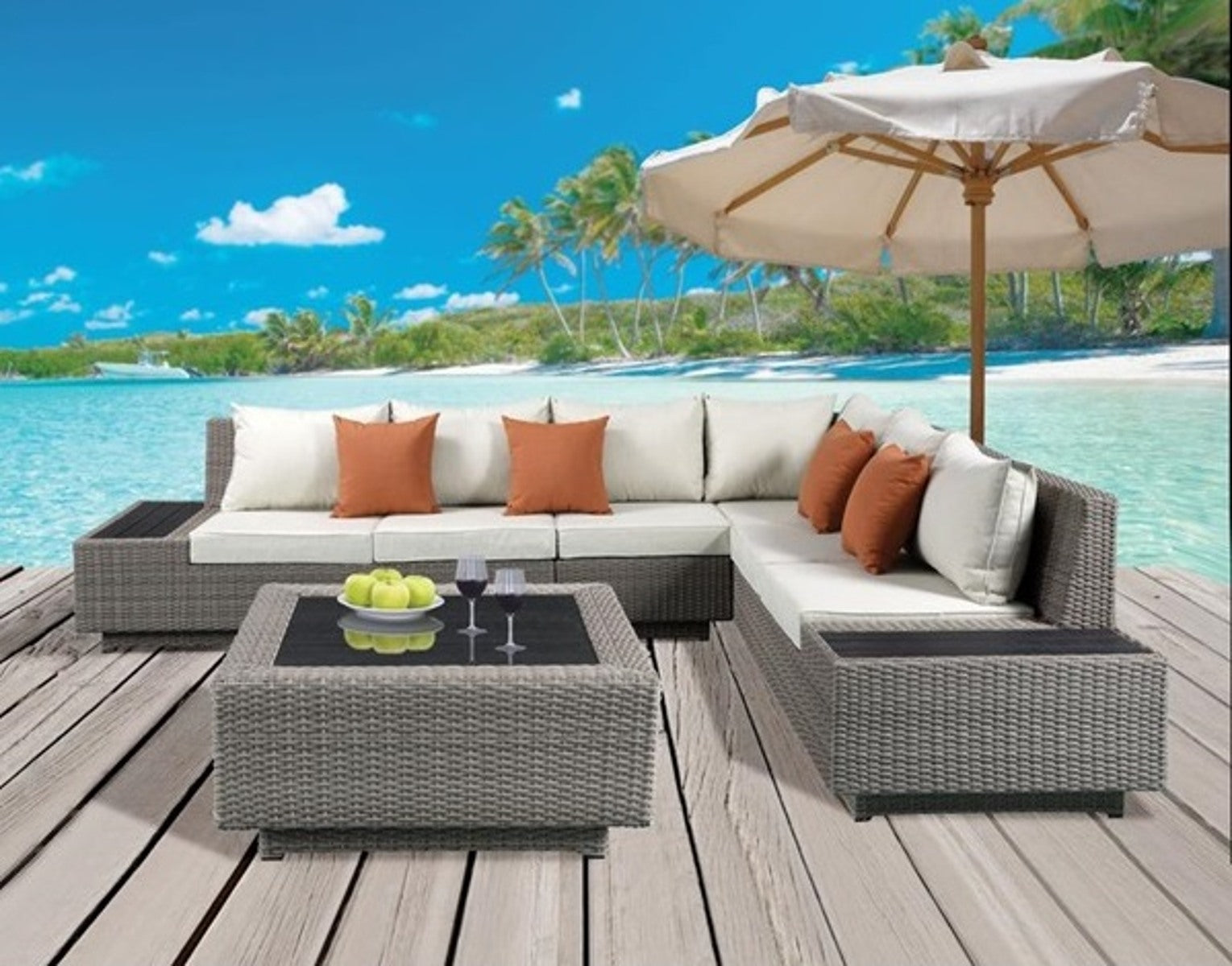 Acme Salena Patio Sectional with Cocktail Table in Beige Fabric & Gray Wicker 45020 ACME East