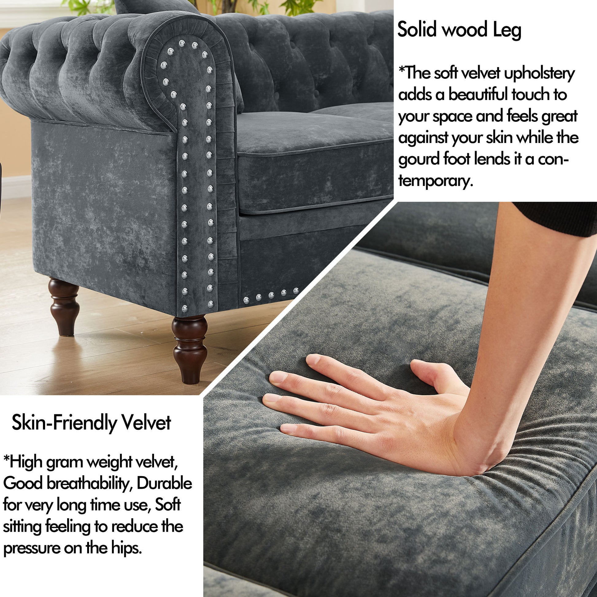 MH 80" Deep Button Tufted Upholstered Roll Arm Luxury Classic Chesterfield L-shaped Sofa 3 Pillows Included, Solid Wood Gourd Legs, Grey velvet ***(FREE SHIPPING)*** House to Home Furnishings LLC