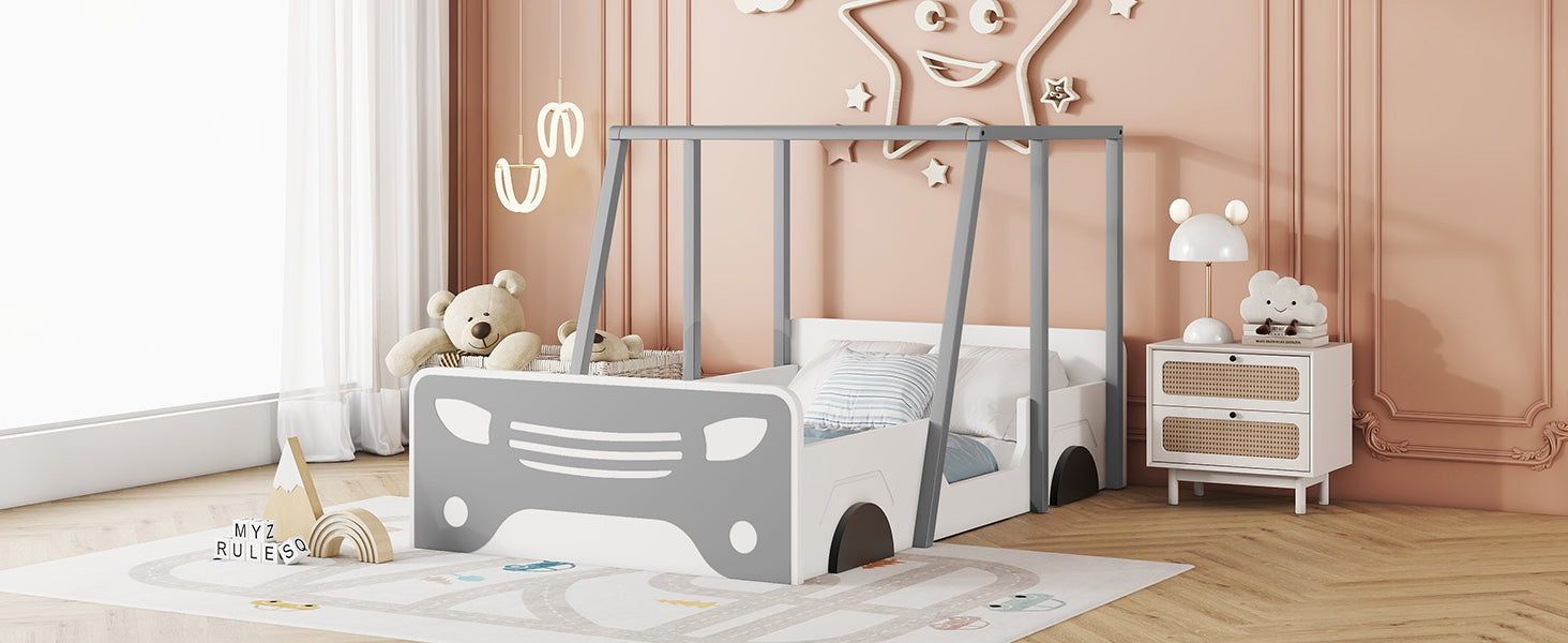 Twin Size Car-shaped Bed with Roof,Wooden Twin Floor Bed with wheels and door Design,Montessori Inspired Bedroom,Grey House to Home Furnishings LLC