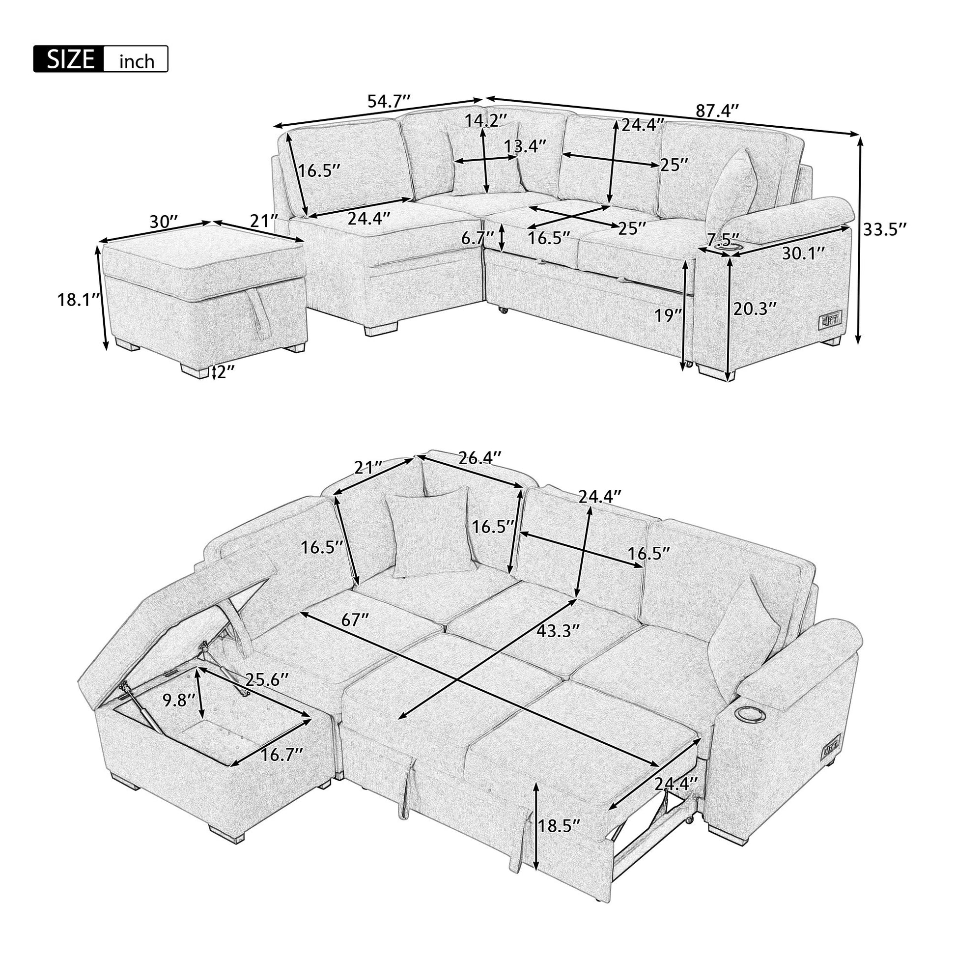 87.4" Sleeper Sofa Bed,2 in 1 Pull Out sofa bed L Shape Couch with Storage Ottoman for Living Room,Bedroom Couch and Small Apartment, Beige House to Home Furnishings LLC