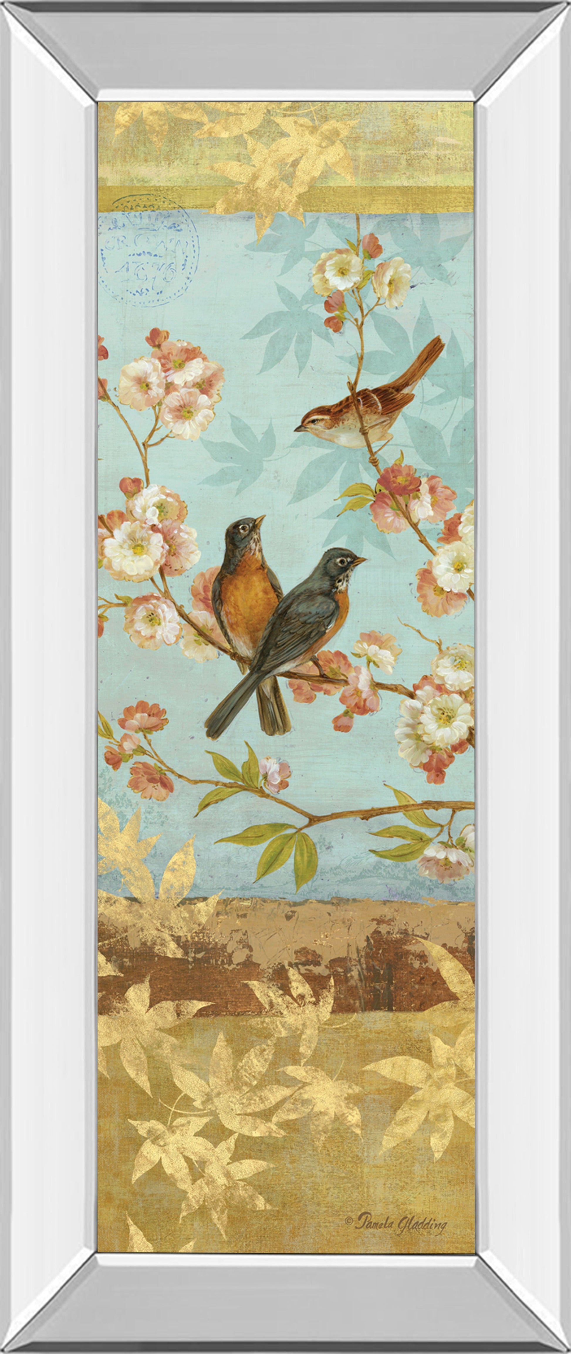 Robins & Blooms Panel By Pamela Gladding - Mirror Framed Print Wall Art - Blue Classy Art