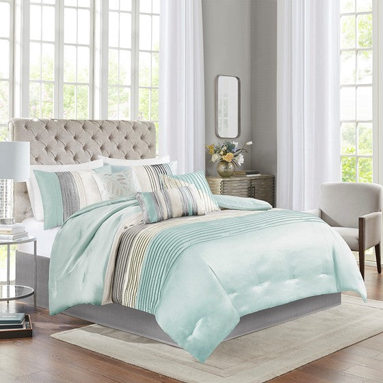 7 Piece Comforter Set Aqua Queen Olliix.com