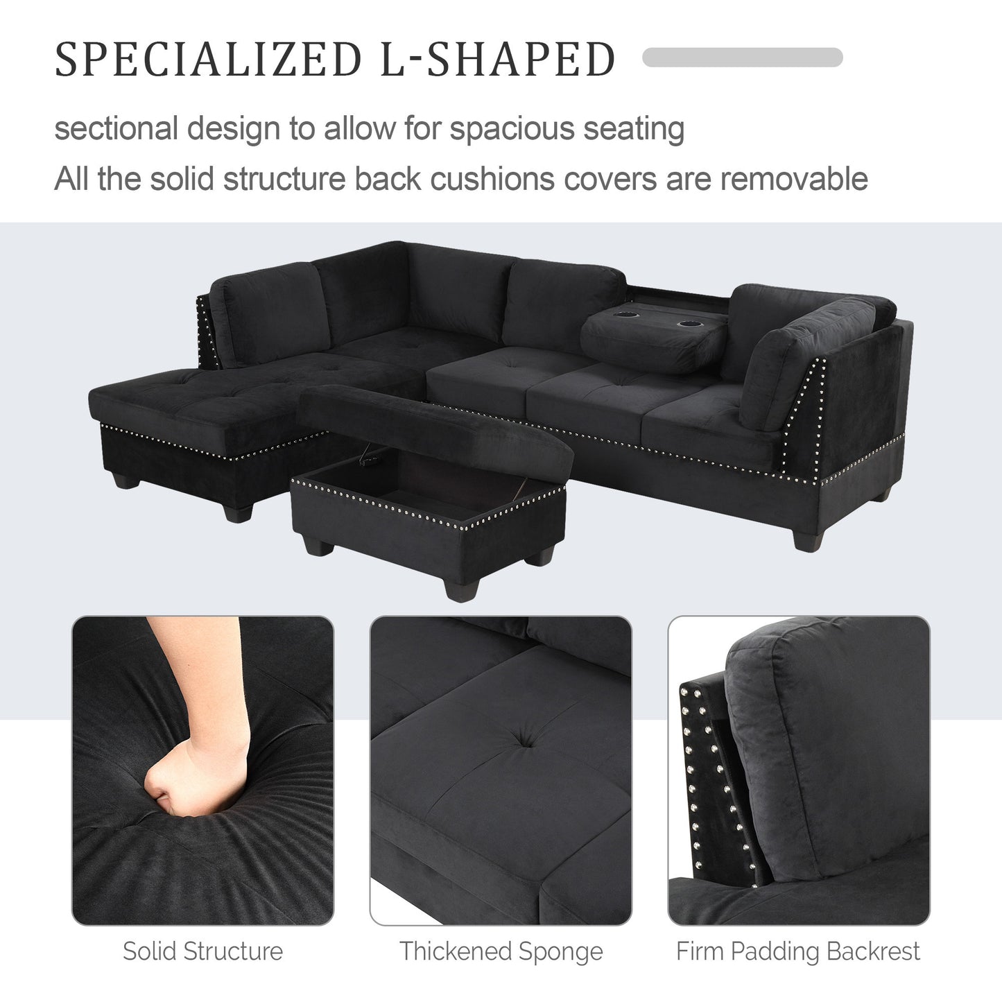 104.5" Reversible Sectional Sofa Space Saving with Storage Ottoman Rivet Ornament L-
shape Couch for Small or Large Space Dorm Apartment,Black(Old:SG000406AAA) House to Home Furnishings LLC