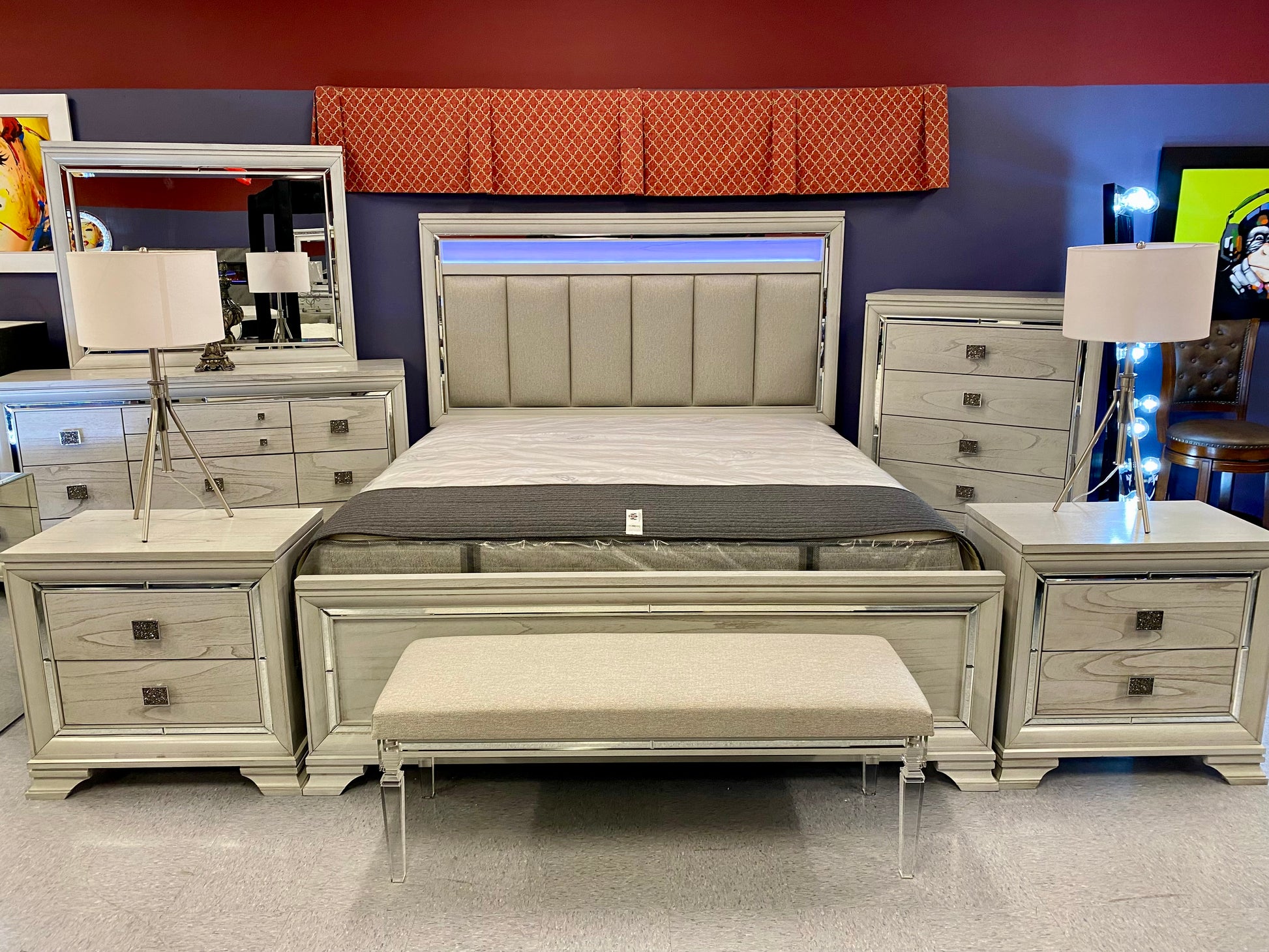 Santino 6pc Vail Dove Grey “LED”Bedroom Collection with Beveled Mirrored Accents House to Home Furnishings LLC