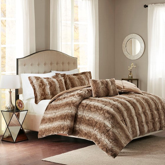 4PC Faux Fur Comforter Set Tan King Olliix.com