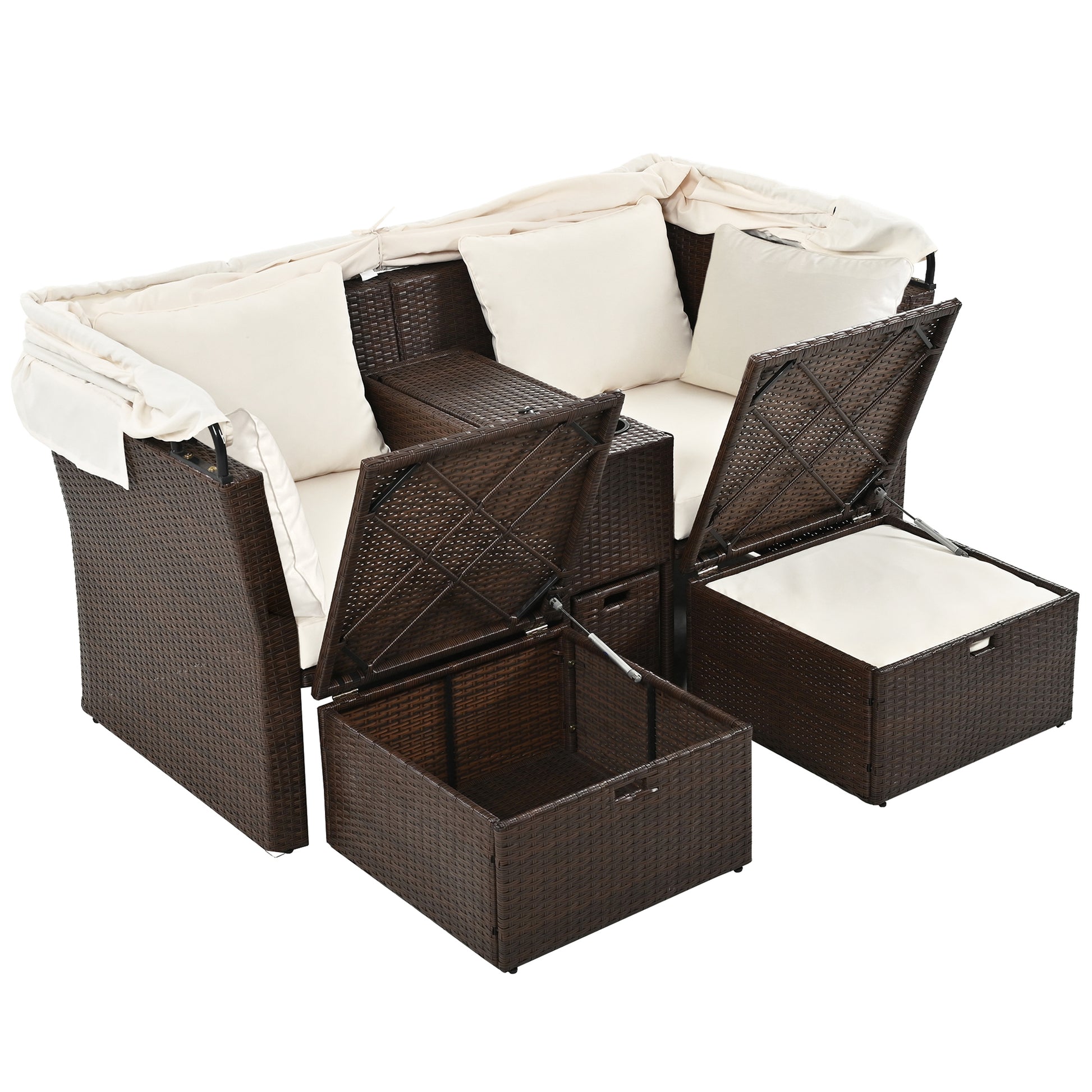 2-Seater Outdoor Patio Daybed Outdoor Double Daybed Outdoor Loveseat Sofa Set with Foldable Awning and Cushions for Garden, Balcony, Poolside, Beige ***(FREE SHIPPING)*** House to Home Furnishings LLC