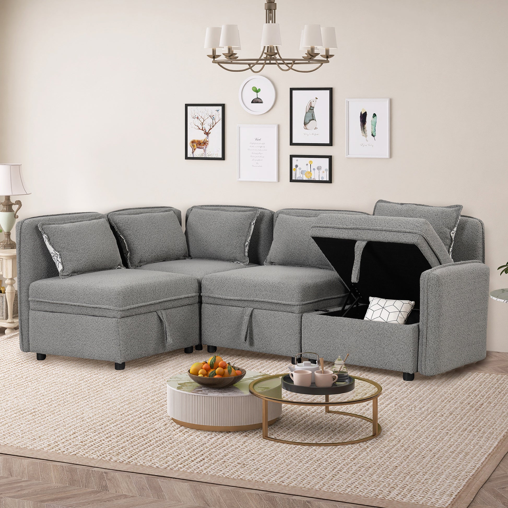 122.8" Convertible Modular Minimalist Sofa Free Combination 4 Seater Sofa Chenille Fabric Sectional sofa with 5 Pillows for Living Room, Office, Apartment, Small Space, Gray House to Home Furnishings LLC