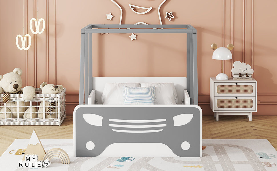 Twin Size Car-shaped Bed with Roof,Wooden Twin Floor Bed with wheels and door Design,Montessori Inspired Bedroom,Grey House to Home Furnishings LLC