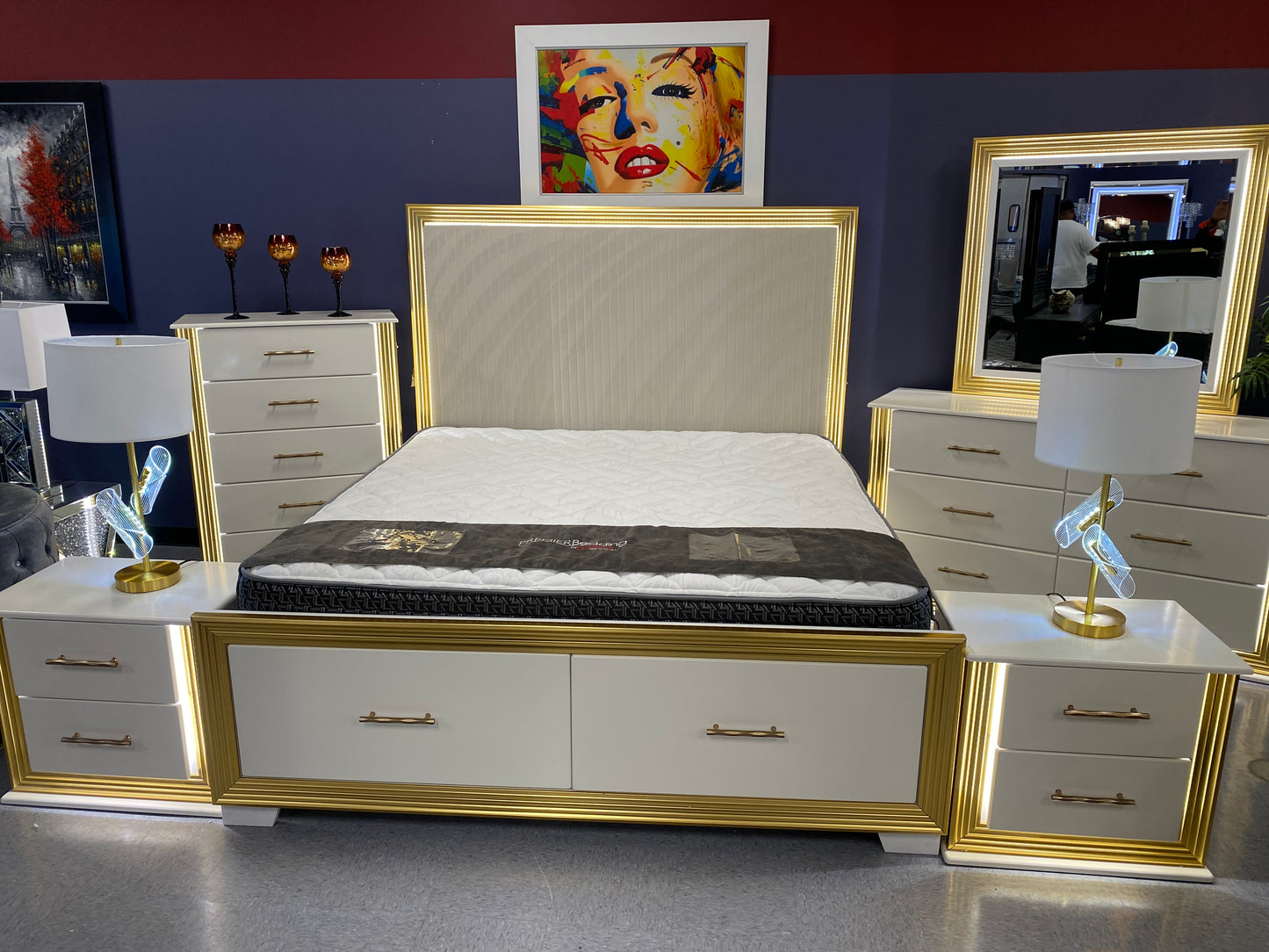 King Obsession 8pc White & Gold💡LED GLOW 💡Upholstered Platform Storage Bedroom Collection House to Home Furnishings LLC