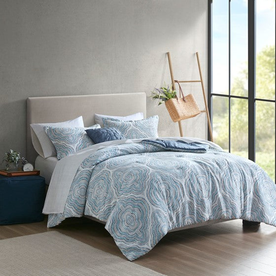 8 Piece Comforter Set with Bed Sheets Blue Queen Olliix.com