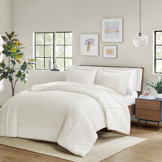 3 Piece Striped Seersucker Oversized Duvet Cover Set Ivory Full/Queen Olliix.com